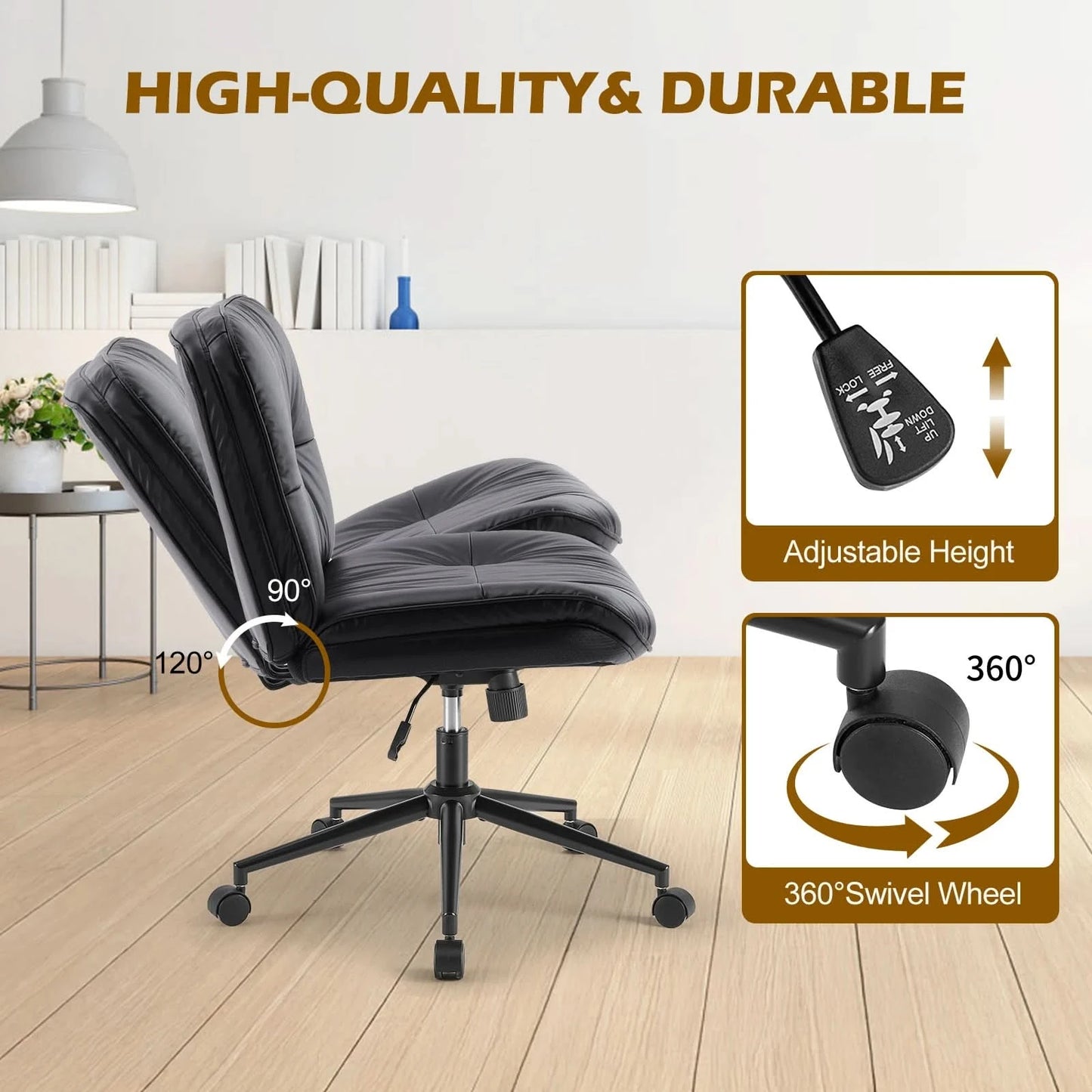 JHK PU Leather Cross Legged Office Chair with Wheels Armless Desk Chair Height Adjustable Swivel Wide Seating for Home Bedroom