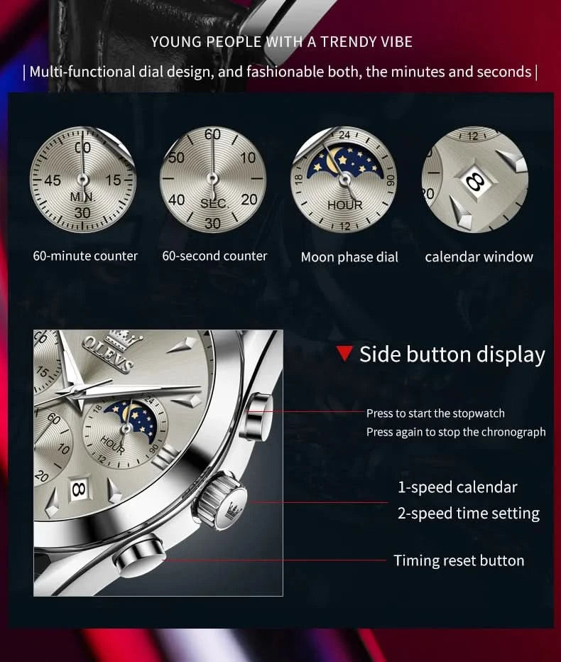 OLEVS Original Watch Leather Strap Moon Phase Luminous Quartz Watches for Man Waterproof Calendar Business Trend Wristwatch - M & M Global