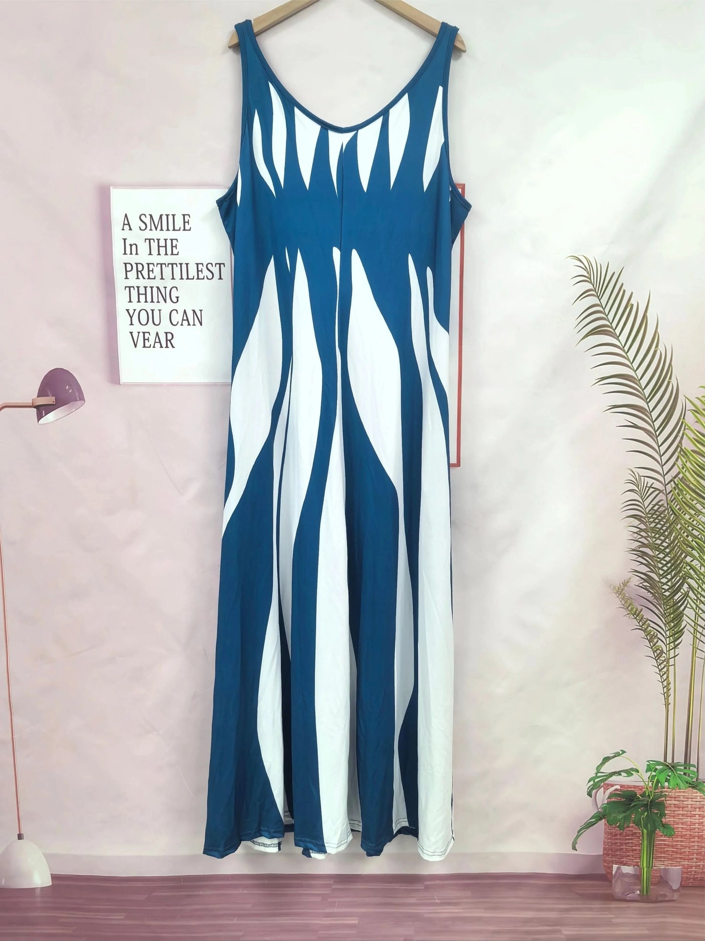 Large size positioning printed spring/summer new V-neck long dress dress - M & M Global