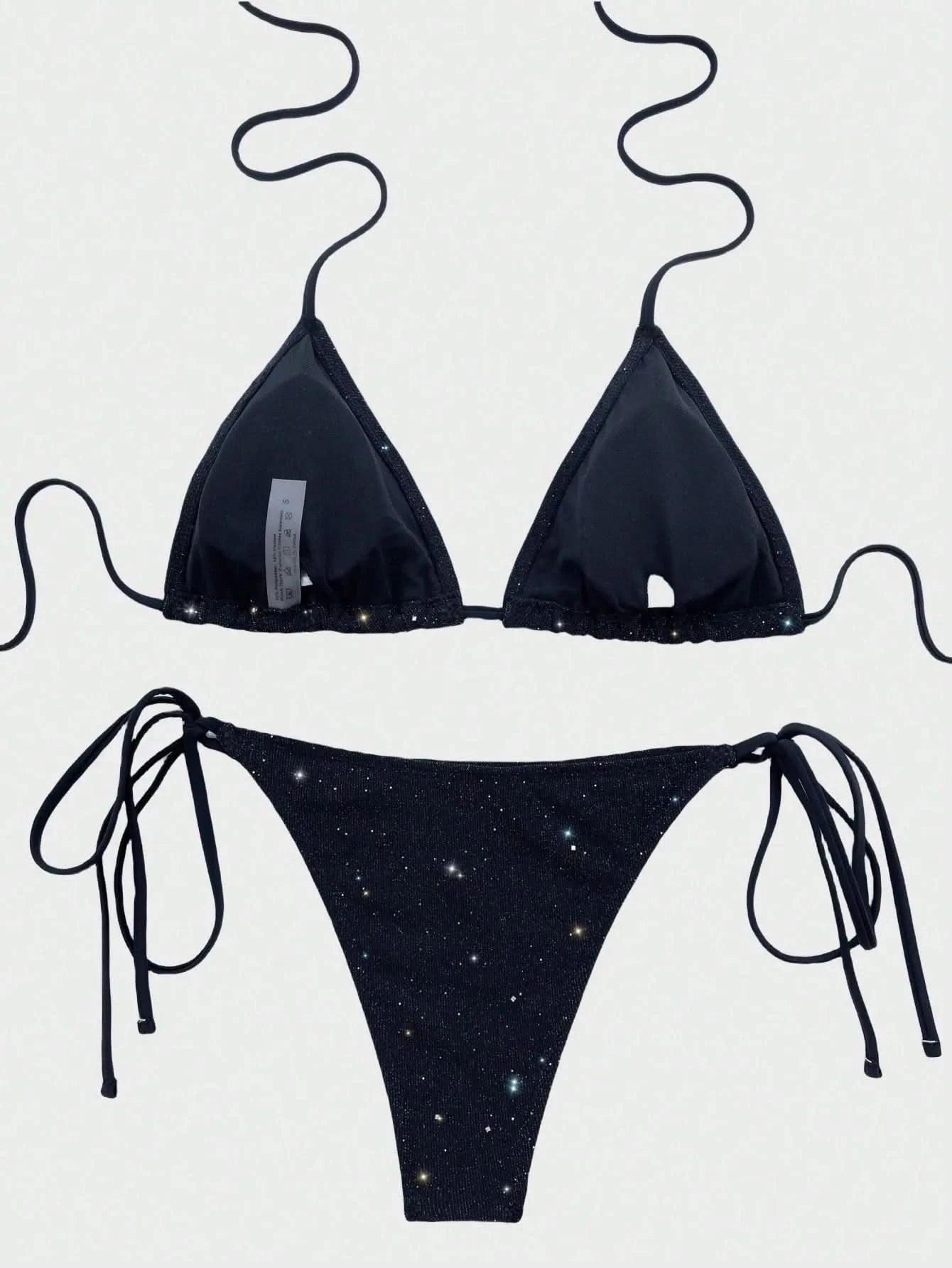 Sexy Laced Up Sequins Bikini 2 Piece Set Women Solid Split Swimsuit High Waist Beach Bikini 2025 New Summer Swimwear Bikinis Set - M & M Global