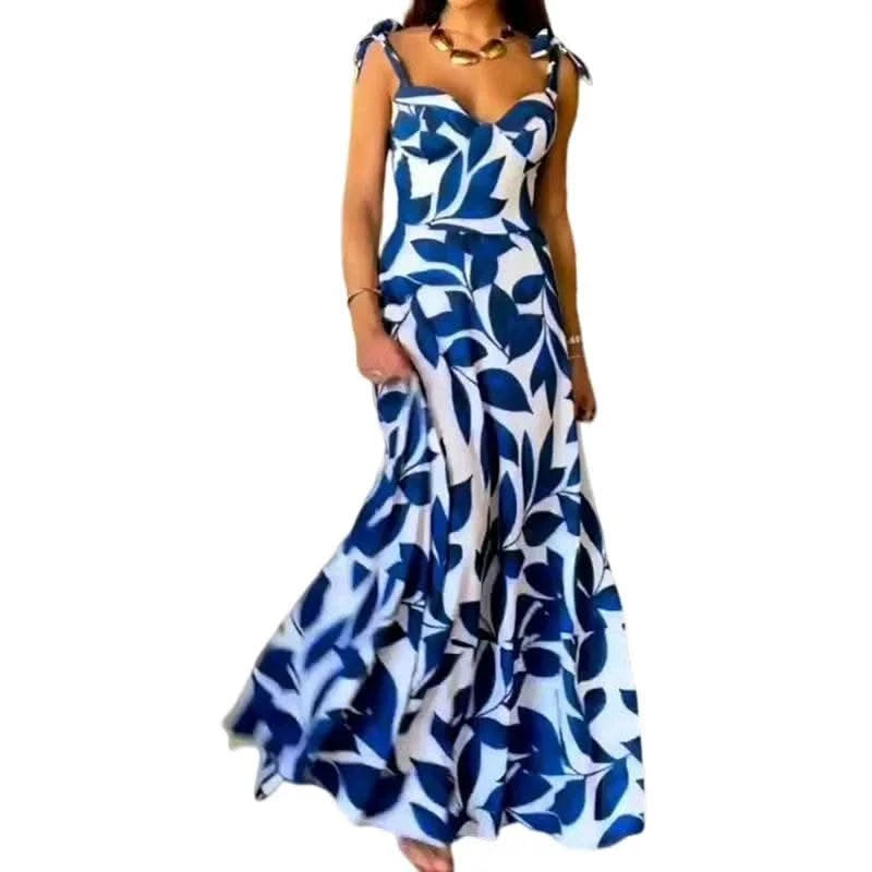 BAMBOOBOY Summer Print Long Dress Women Clothing Lace Up Party Dresses Pattern Spaghetti Strap Ladies V-Neck Beach Sundress - M & M Global