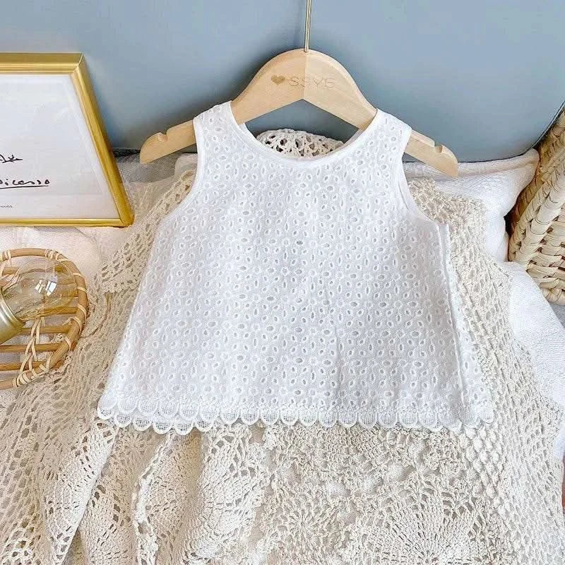 2PCS Kids Sets Summer Girl Clothes Children Hollow Lace Sleeveless Tops Shorts Set Fashion Baby Girl Cardigan Fake Two Suit - M & M Global