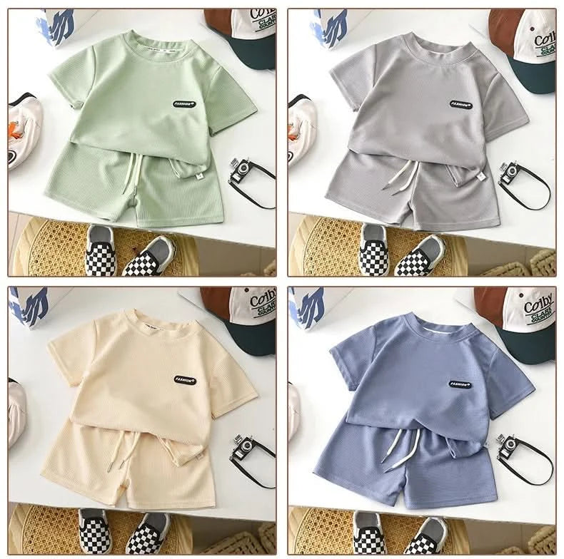 New Summer Children's Casual Set for Boys Girls Loose Short Sleeved Waffle Breathable and Comfortable Set - M & M Global