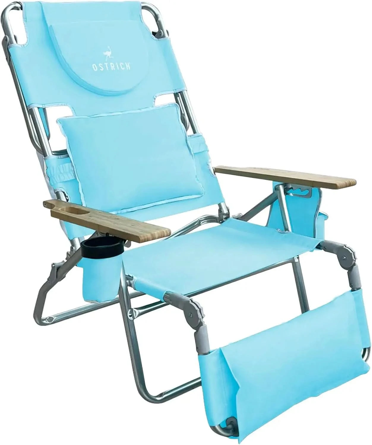 Ostrich Deluxe 3N1 Padded Beach Chair w/ Face Cushion & Arm Holes, Teal - Lightweight Folding Recliner w/ Adjustable Backrest