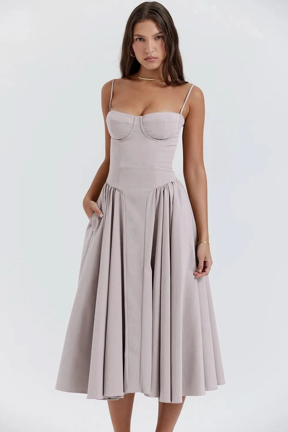 Summer Women Elegant Sleeveless Backless Pleated Dresses Lady Sexy Solid Sling Midi Dress 2024 Female Party Evening A-line Robes - M & M Global
