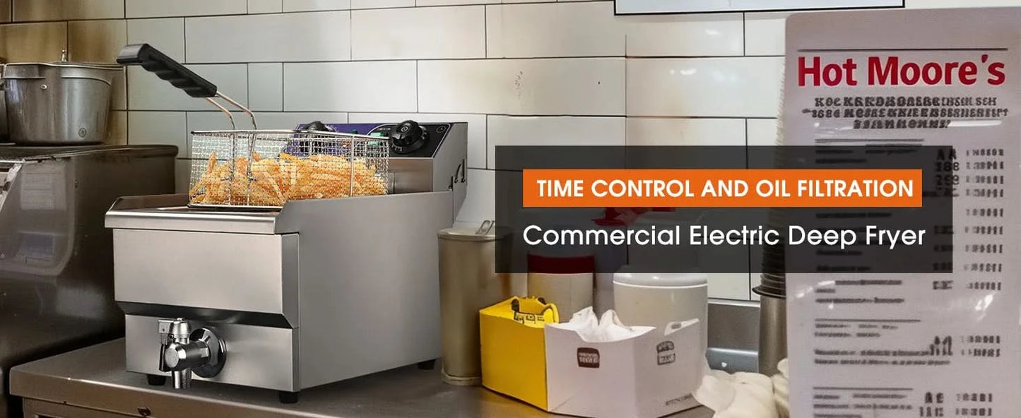 Commercial Electric Deep Fryer 11.7L 1500W Fryer w/Time Control and Oil Filtration Single Removable Basket Stainless Steel Count - M & M Global