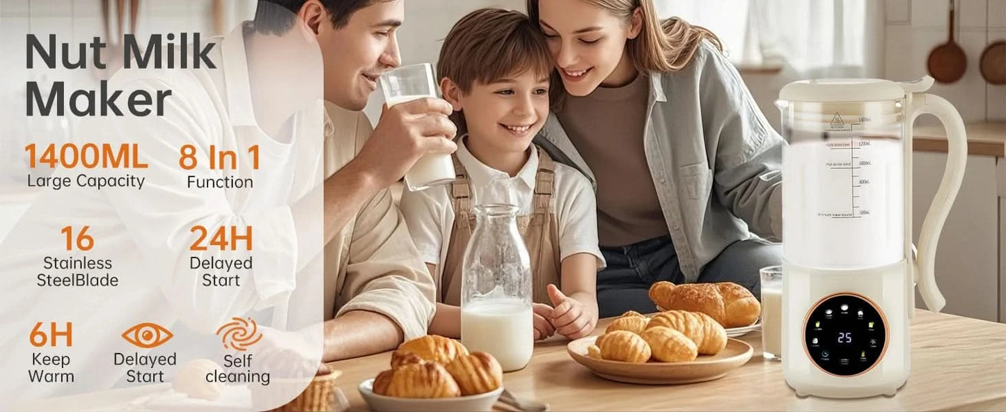 47 oz Nut Milk Maker Machine with 16 Blades, Automatic Homemade Almond, Oat, Soy, Plant-Based Milk and Dairy Free Beverages, Alm - M & M Global