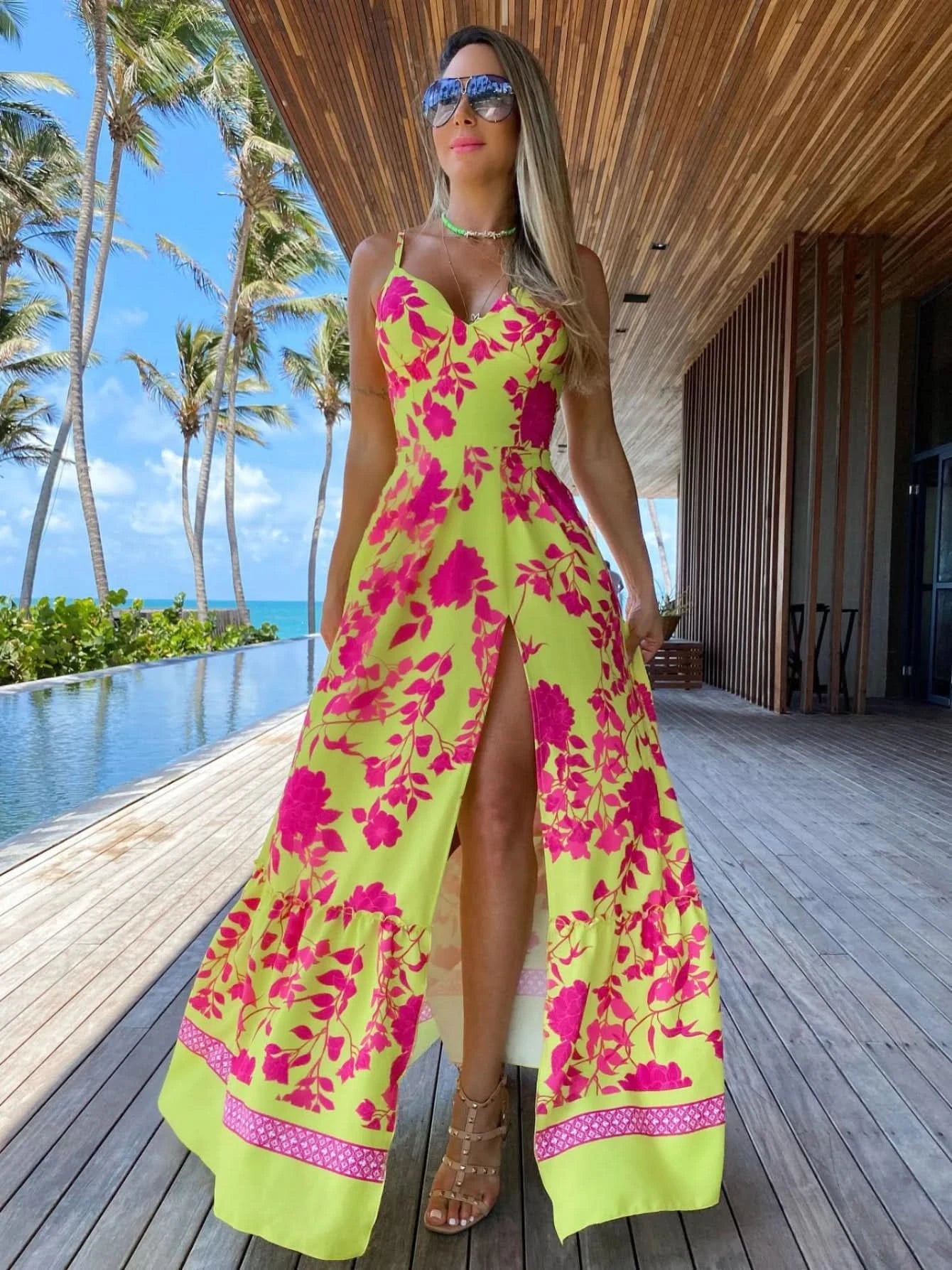 Summer Print Long Dress Women Clothing Lace Up Sling Party Dresses Pattern Strappy Ladies Hollow Out V-Neck Beach Vestidos - M & M Global