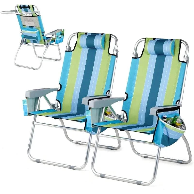 VINGLI Tall Beach Chair 2 Pack, with 5-Position, Cooler Bag, Cup Holders, Towel Bar, Lightweight Folding Beach Camping Chairs