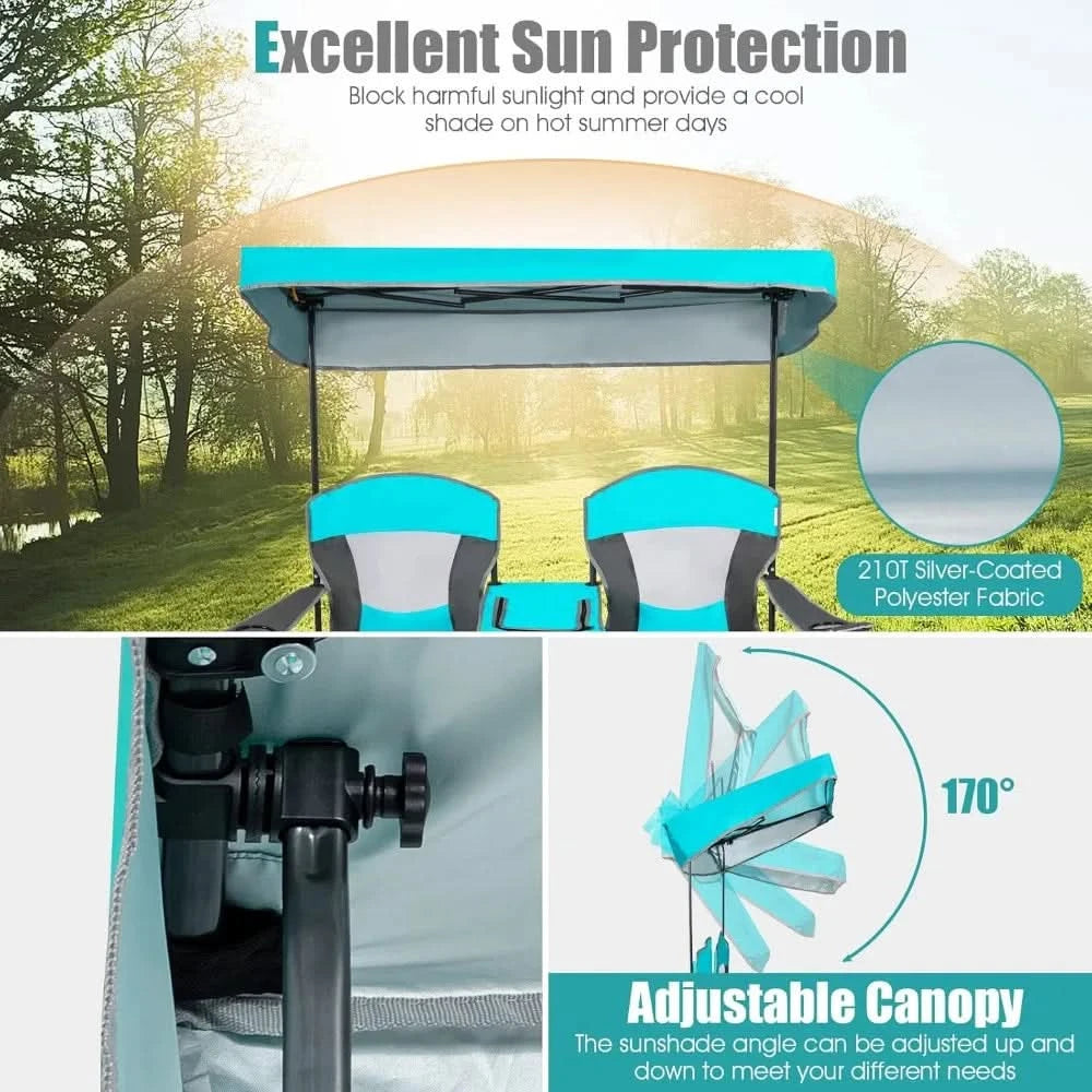 Double Camping Chair w/Shade Canopy, 2-Person Folding Camp and Beach Chair with Mini Table Beverage Cup Holder - Free Delivery
