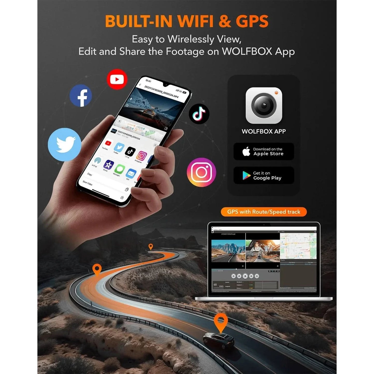 WOLFBOX I07 Dash Cam 3 Channel Dash Camera for Car Front and Rear 4K Dash Camera with GPS WiFi Car Dvr for 170 FOV WDR - M & M Global