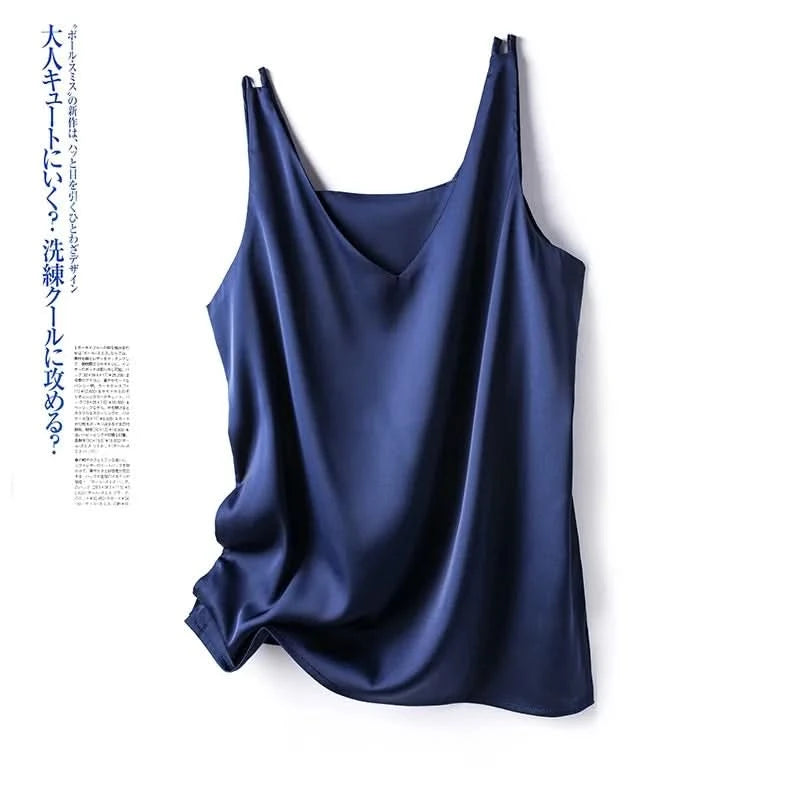 Silk Satin Women Office Lady Double Shoulder Camisole Tank V-neck Sleeveless Top T-shirt Elegant Crop Top Solid Casual Basic New - M & M Global
