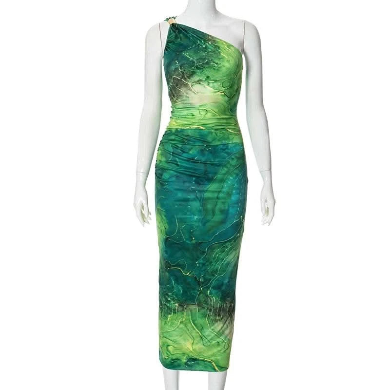 CUTENOVA Sexy Slash Collar Gradient Print Long Dress Summer Chic One-Shoulder Backless Party Dresses Sleeveless Hollow Slim Fit - M & M Global