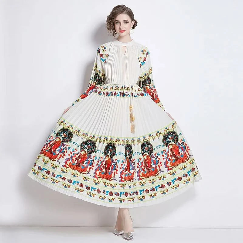 Spring Holiday Print Long Dress For Women Fashion Loose Lantern Sleeve Party Robe Female Big Swing Tassels Belt Pleated Clothes - M & M Global