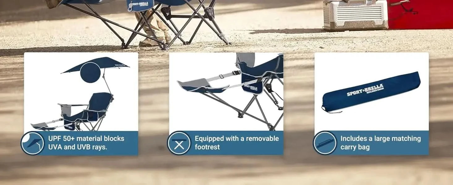 Reclining Beach Chair, 3-position adjustability with detachable detachable footrest lets, swiveling umbrella with UPF50+material