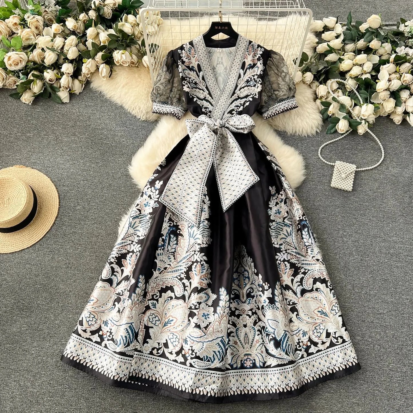 Summer Bohemian Paisley Print Long Dress Women V-Neck Short Puff Sleeve Vintage Print Bandage Lace Up Robe Vestidos Clothes 6237 - M & M Global
