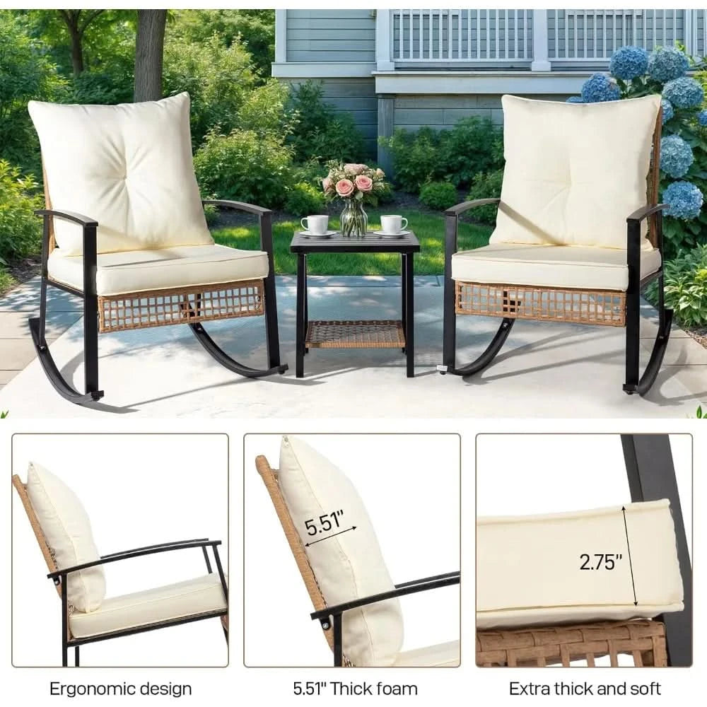 3-Piece Outdoor Rocking Bistro Set, Patio Furniture Set w/Soft Thick Cushions & 2-Tier Coffee Table, Rattan Conversation