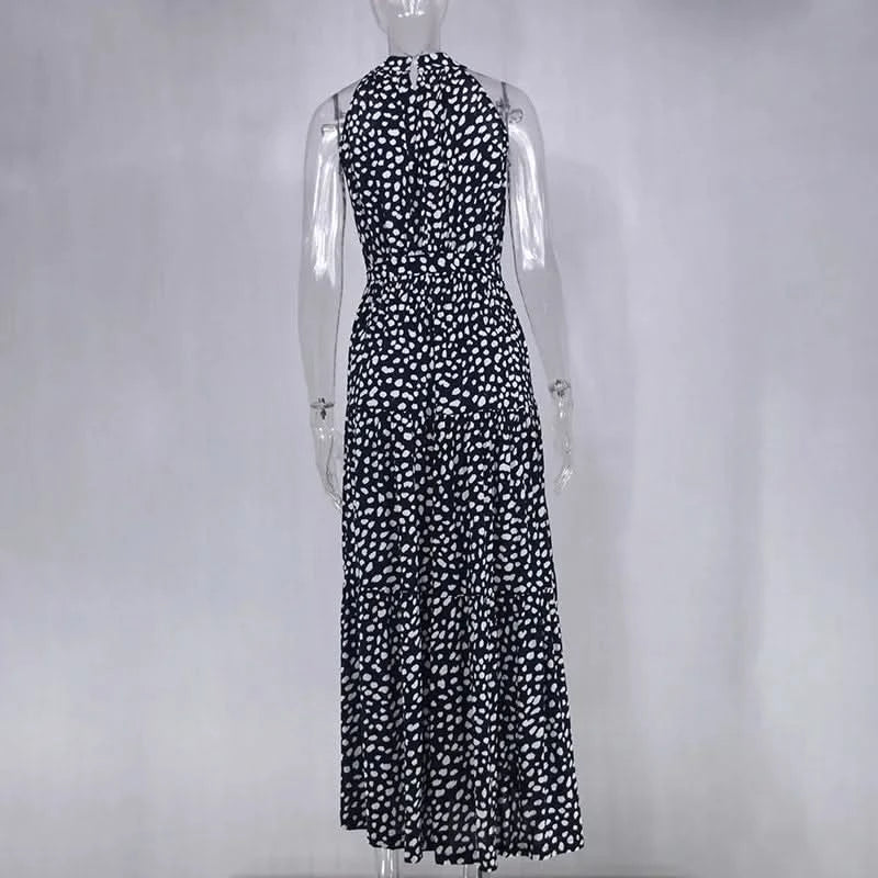 Summer Floral Print Halter Neck Dresses For Women Sleeveless Leace-up Long Dress Casual Beach Holiday Vestidos Female Clothing - M & M Global