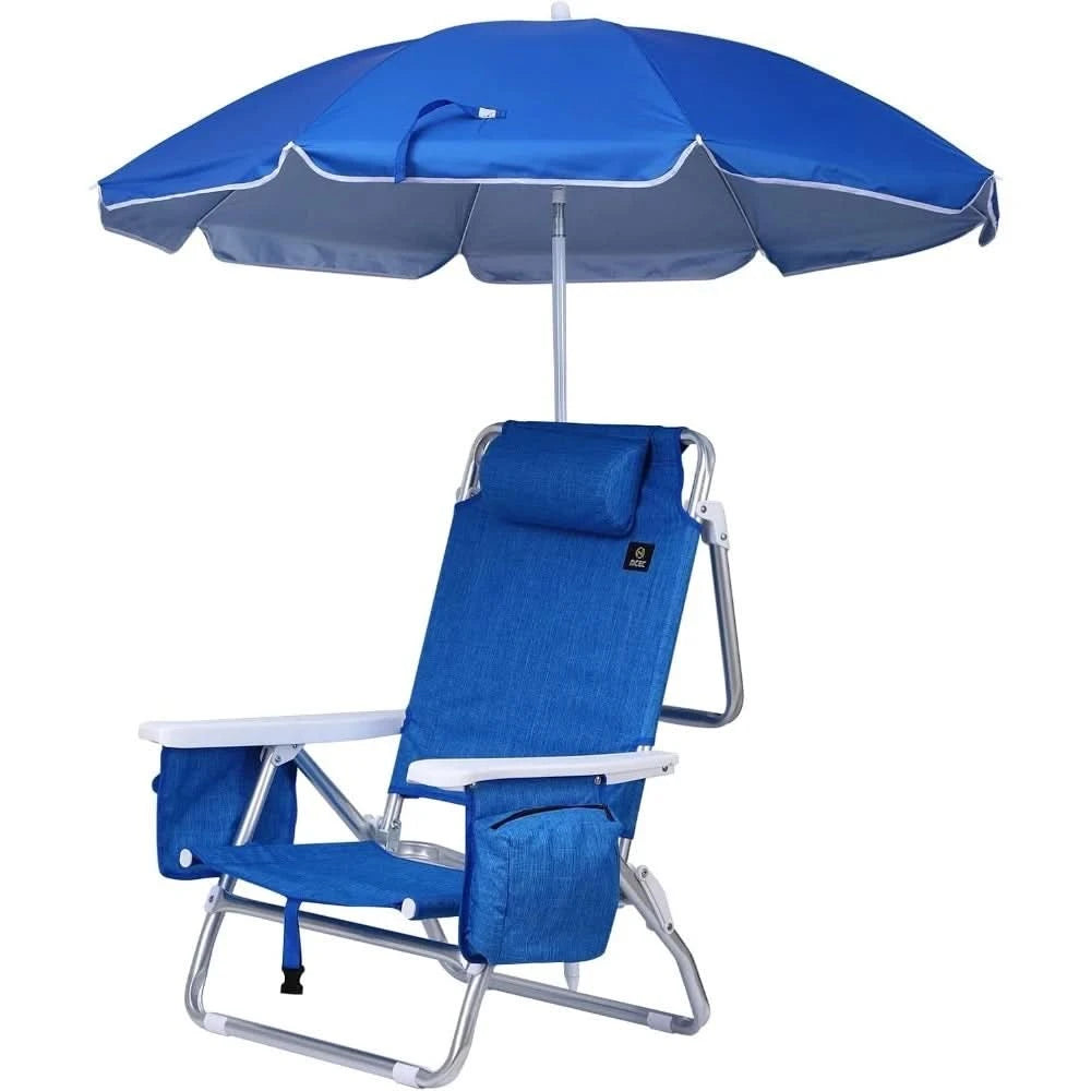 Blue Backpack Beach Chair with Cooler and Umbrella, Cup Holder for Outdoor, Camping, BBQ, Travel, Picnic