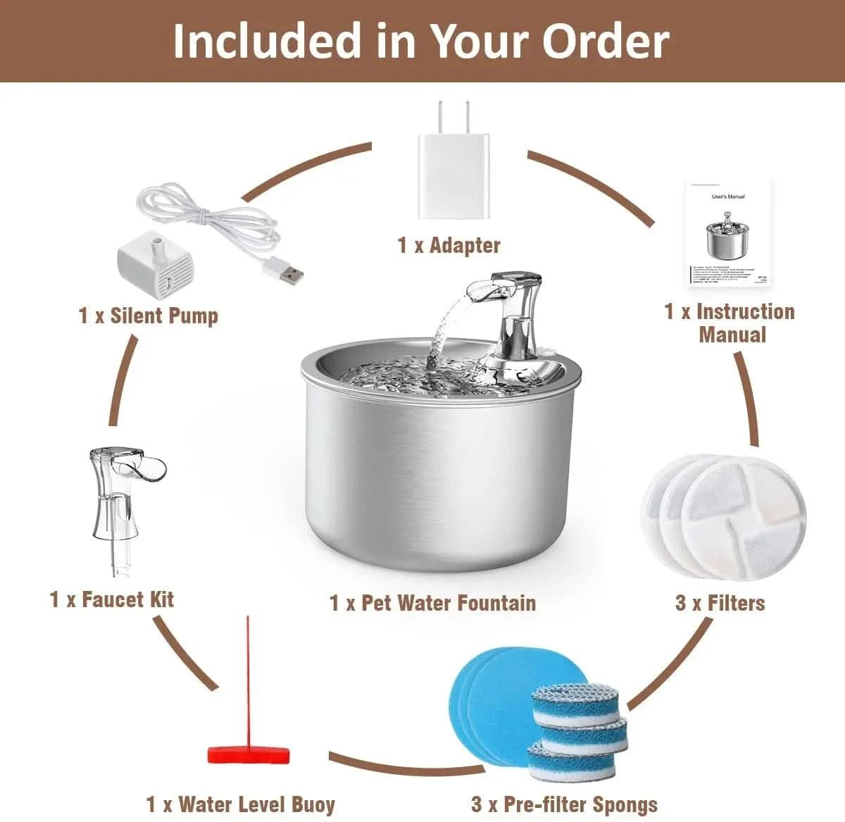 2L fully stainless steel pet water dispenser Automatic cat water fountain with optional sensor and heater