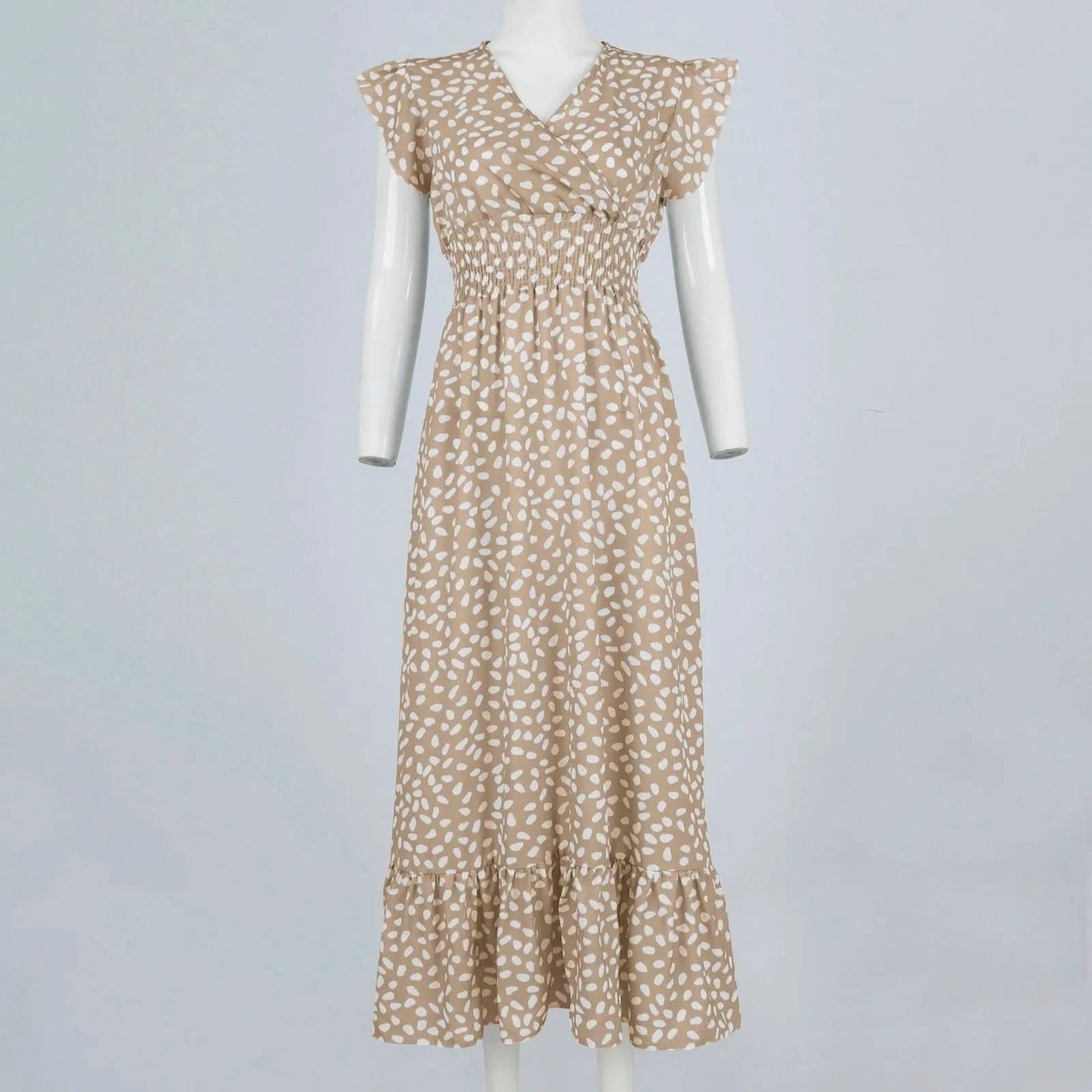 Polka Dot Dress For Women Sexy V-Neck Long Dress Casual And Fashionable Ruffle Edge Short Sleeved High Waisted Dress - M & M Global
