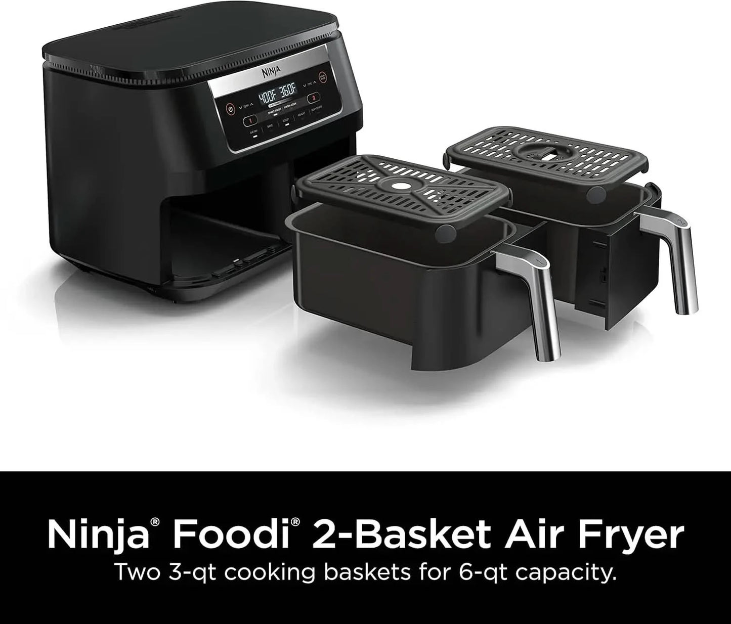 DZ090 Foodi 6 Quart 5-in-1 DualZone 2-Basket Air Fryer with 2 Independent Frying Baskets, Match Cook & Smart Finish to Roast, Ba - M & M Global