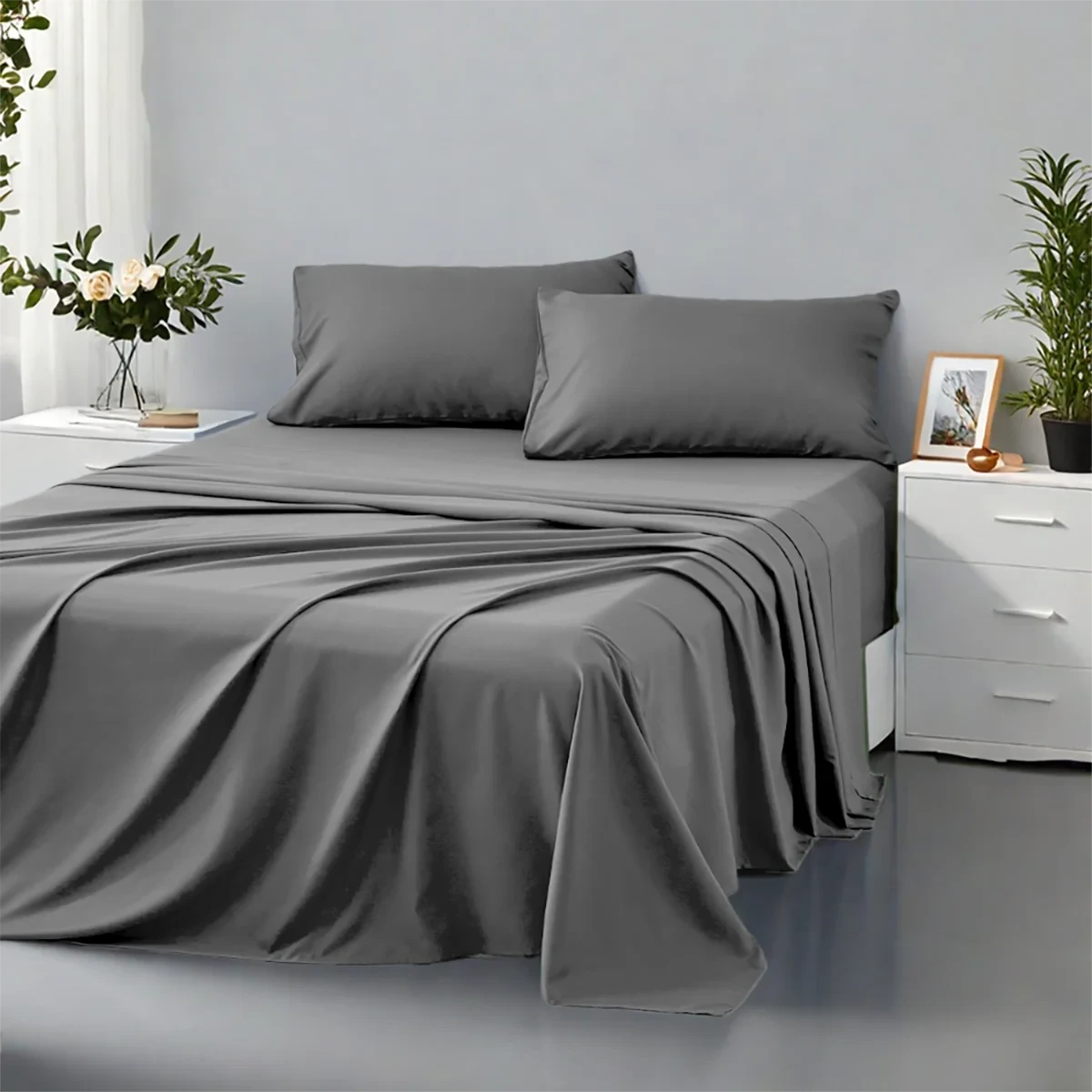 Gray bed sheet set on a bed with matching pillows in a bedroom setting.
Queen size bedding set
4-piece microfiber bed set
Solid color comforter set
All-season bedding set
Lightweight comforter
Ultra-soft bed sheets
Minimalist bedding set
High thread count sheets
Fade-resistant microfiber bedding
Modern home bedding set