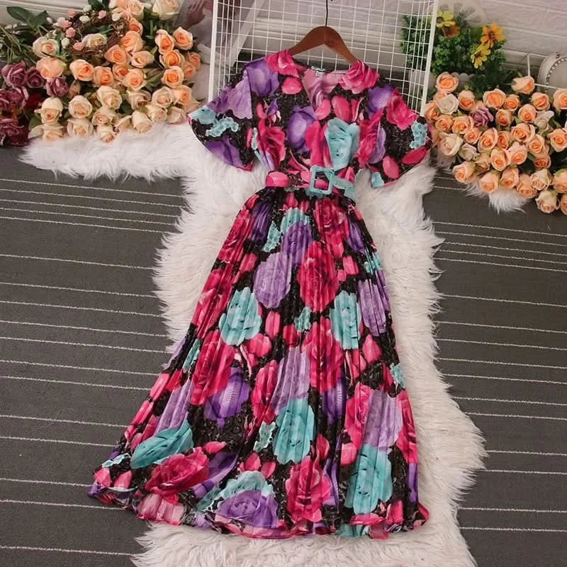 Women Dress Fashion Vintage Ins Bandage Slim Waist A-line Long Dress Vacation Beach Summer Outfits Lady Robe Femme - M & M Global
