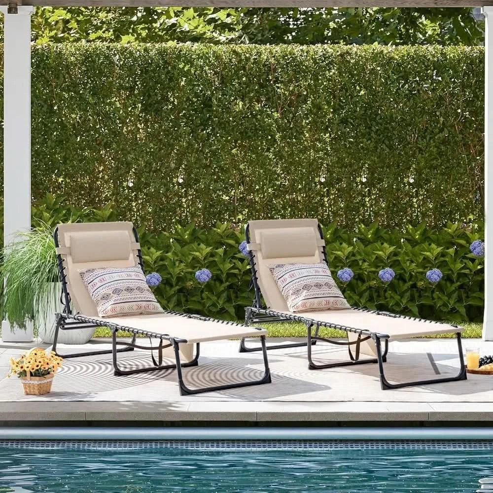 Foldable Chaise Lounge Chair 5-Position Adjustable, Tanning Chair with Side Pocket, Outdoor Sunbathing for Pool, Beach, Patio,