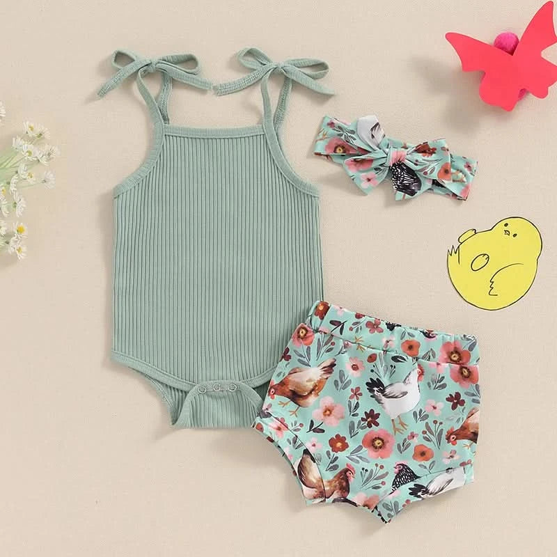 Toddler Girl 3 Piece Summer Set Floral Print Sleeveless Romper with Ruffle Trim Denim Shorts Bow Headband Outfit - M & M Global