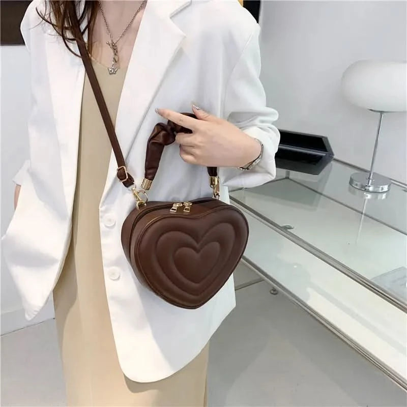 Luxury Quilted Handle Women PU Leather Shoulder Bag Fashion Heart Solid Color Crossbody Bag - M & M Global