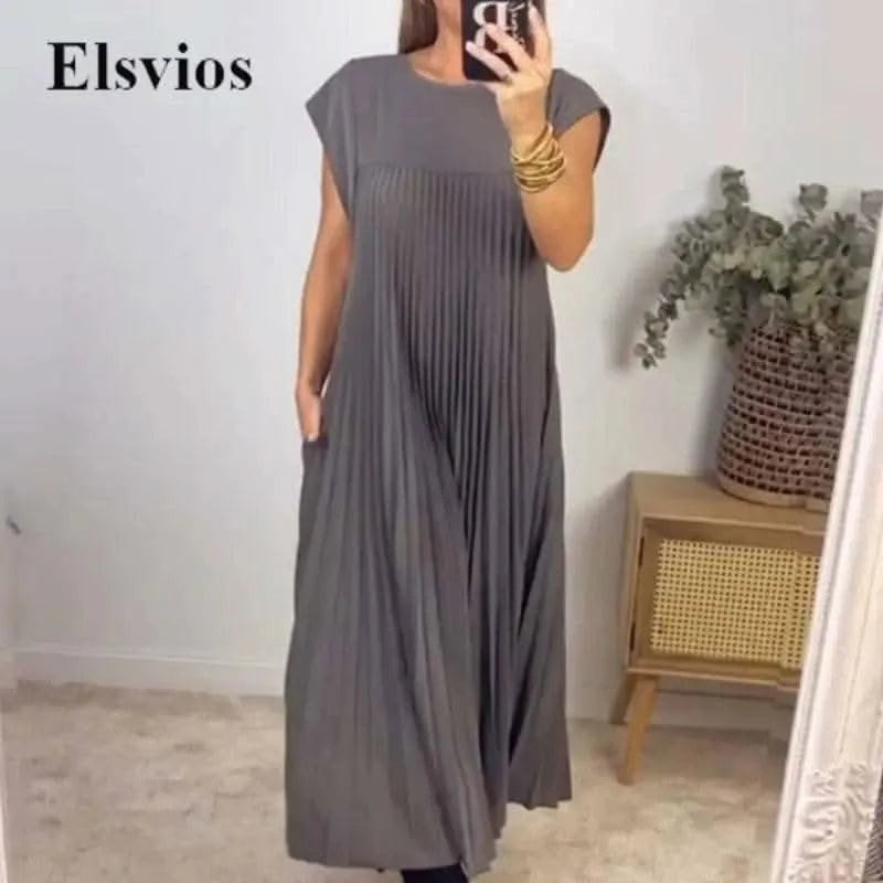 Chic Simple O-neck Pleated Long Dress Women 2024 Fashion Solid Sleeveless Boho Beach Dress Casual Pocket Female Loose Maxi Dress - M & M Global