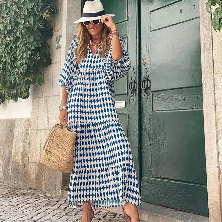 Summer Puff Sleeve Long Dress Women Geometric Print Half Sleeve Dress Boho V-Neck Loose Holiday Beach Dress Vestidos - M & M Global