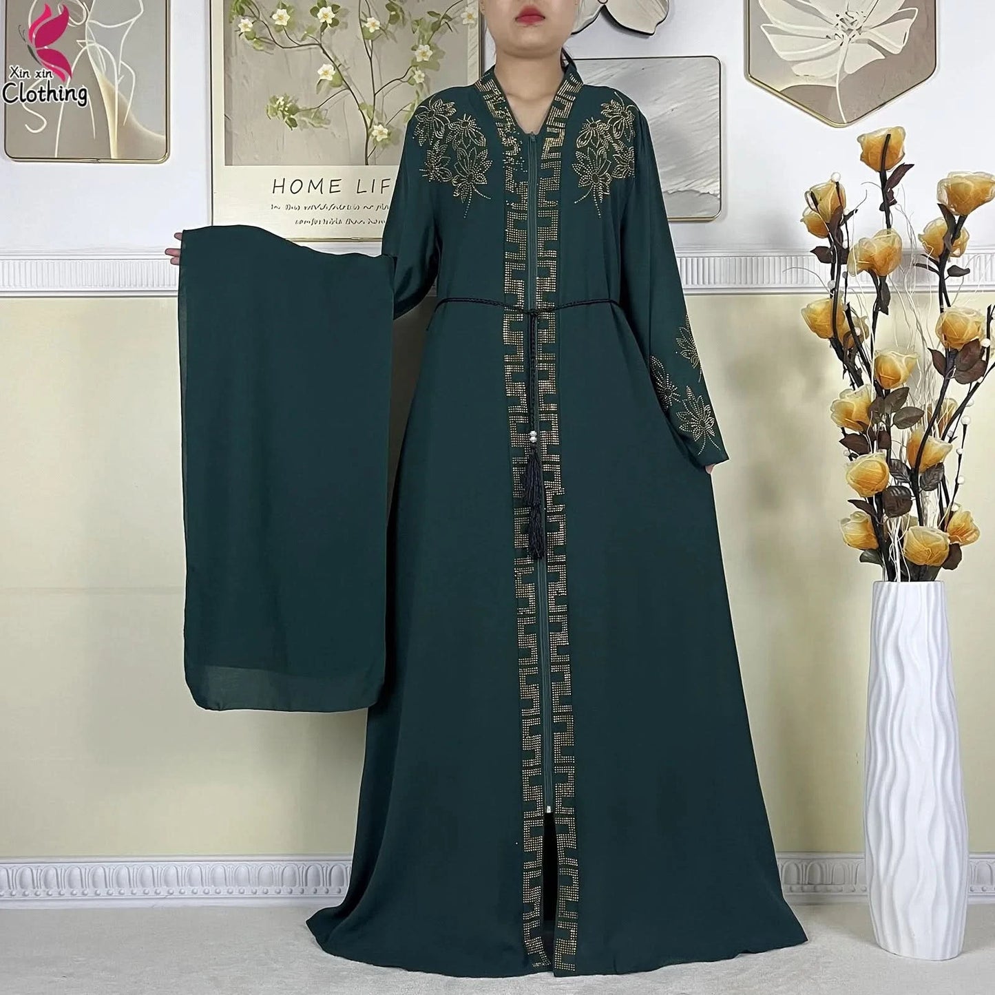 New Muslim Abayas For Women Long Sleeved Dress Dubai Lady Elegant Long Dress Islam Clothing African Abaya Loose Robe With Turban - M & M Global