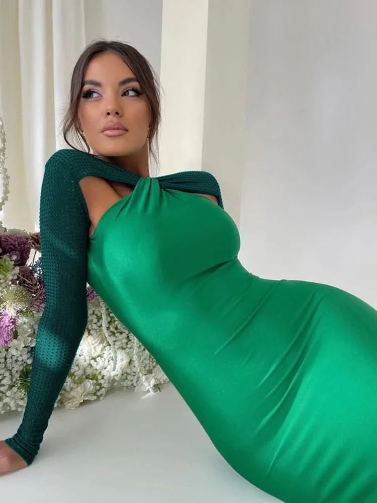 Mozision Hollow Out Sparkle Long Sleeve Maxi Dress For Women Glitter Vestidos Robe New Bodycon Shiny Night Club Party Long Dress - M & M Global