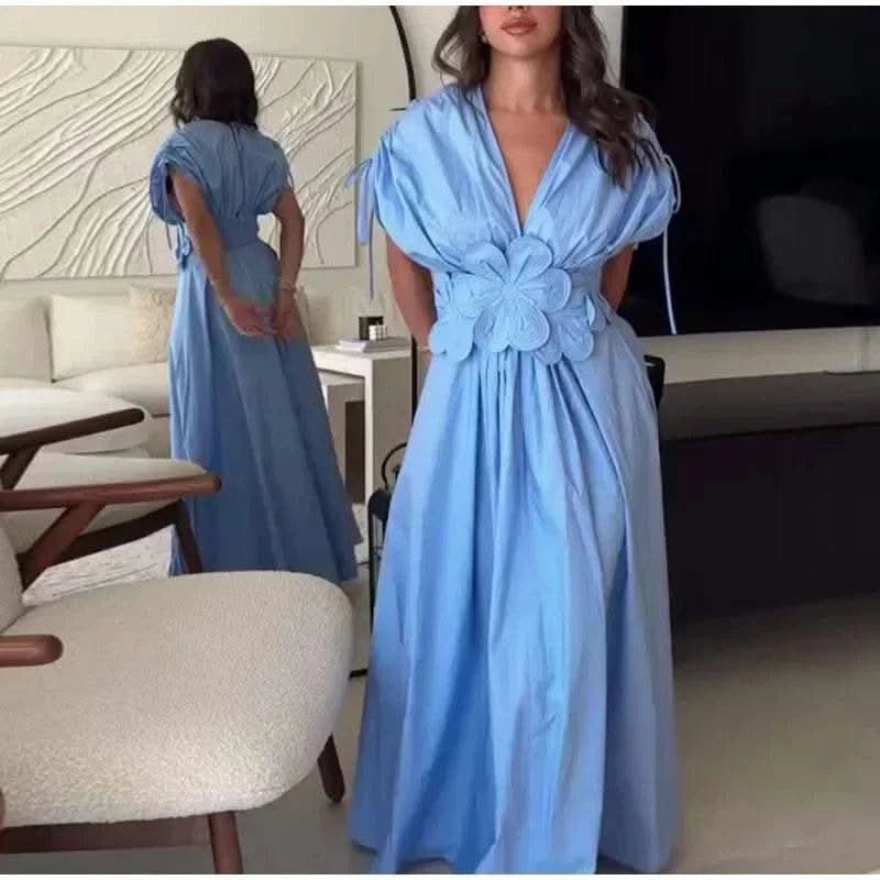 Blue V-Neck Waist-Fitted Bow-Decored Long Dress For Women Fashionable And Elegant European And American Style - M & M Global