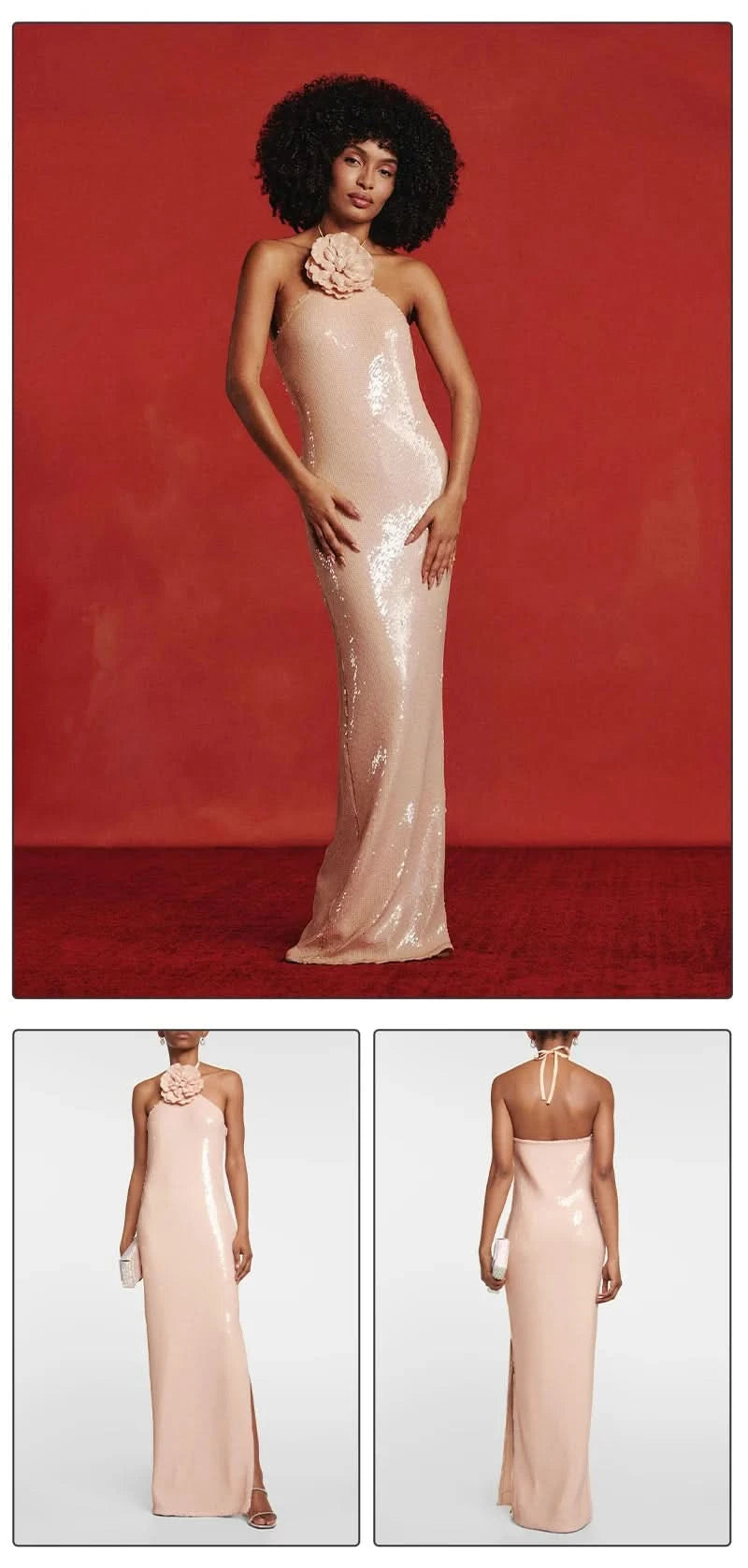 VC Women Elegant 3D Flowers Halter Backless Sexy Club Sequin Bodycon Prom Long Dress Party Festival Split Dress - M & M Global