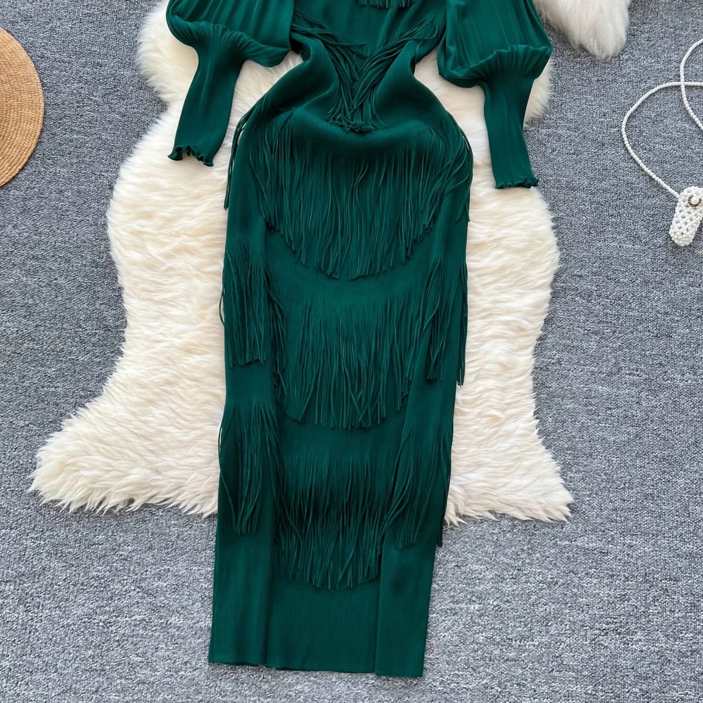 Vintage O-Neck Elegant Long Lantern Sleeve Chic Tassel Slim Long Dress French Fashion Evening High Street Autumn Winter Clothing - M & M Global