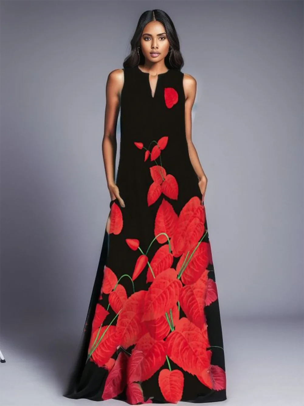 Lady Spring Summer Black Long Dress Sleeveless Red Petals Print Elegant Dresses For Women 2023 Party Beach Women Dress - M & M Global