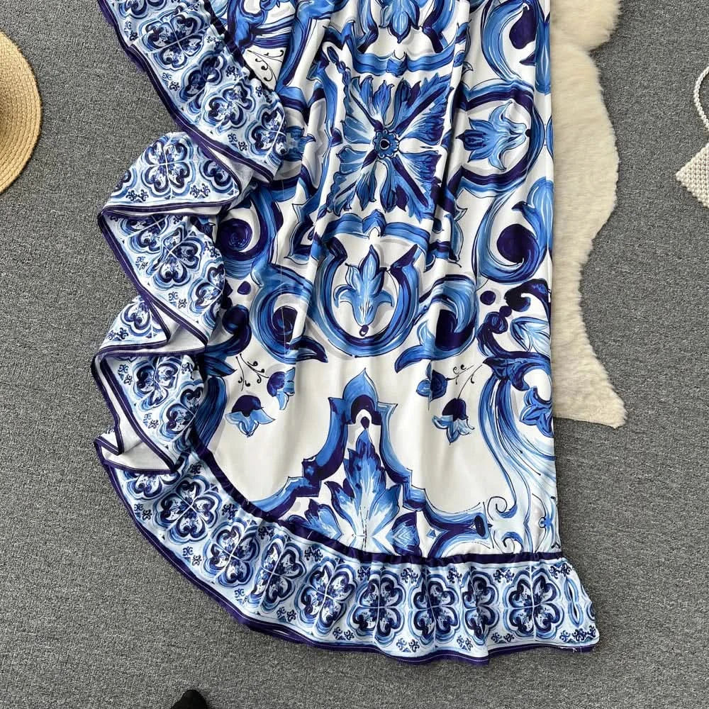 Summer Long Dress Women Runway Blue And White Porcelain Asymmetry Sexy Off The Shoulder Ruffles Hem Loose Robe Maxi Vestidos - M & M Global
