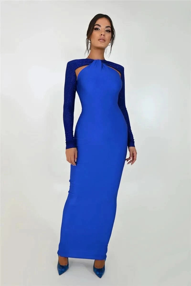 Mozision Hollow Out Sparkle Long Sleeve Maxi Dress For Women Glitter Vestidos Robe New Bodycon Shiny Night Club Party Long Dress - M & M Global