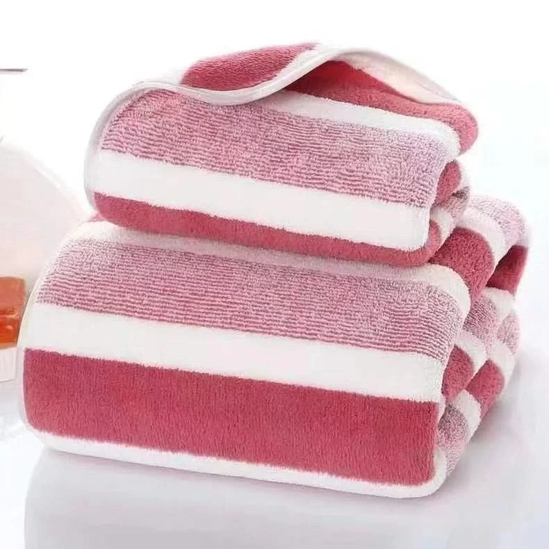 Soft Striped Bath Towel Set - Quick-Drying Absorbent Microfiber Face & Hand Towels for Bathroom, Home Spa - 70x140cm & 35x75cm - M & M Global