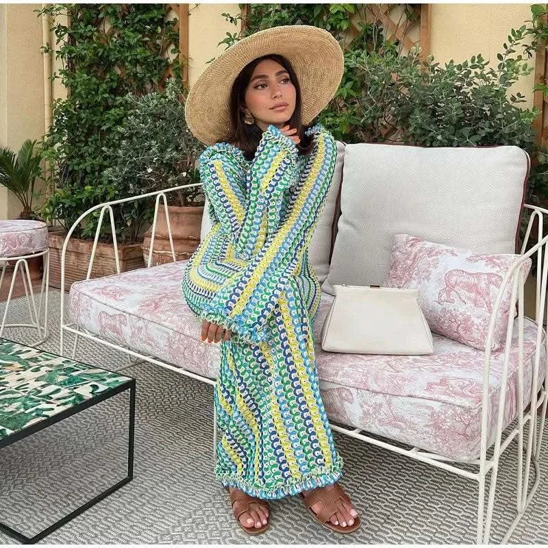 Contrast A-line Vestidos 2025 Female Party Club Vacation Robes Sexy Backless Women's Flare Sleeves Long Dress Fashion Elegant - M & M Global
