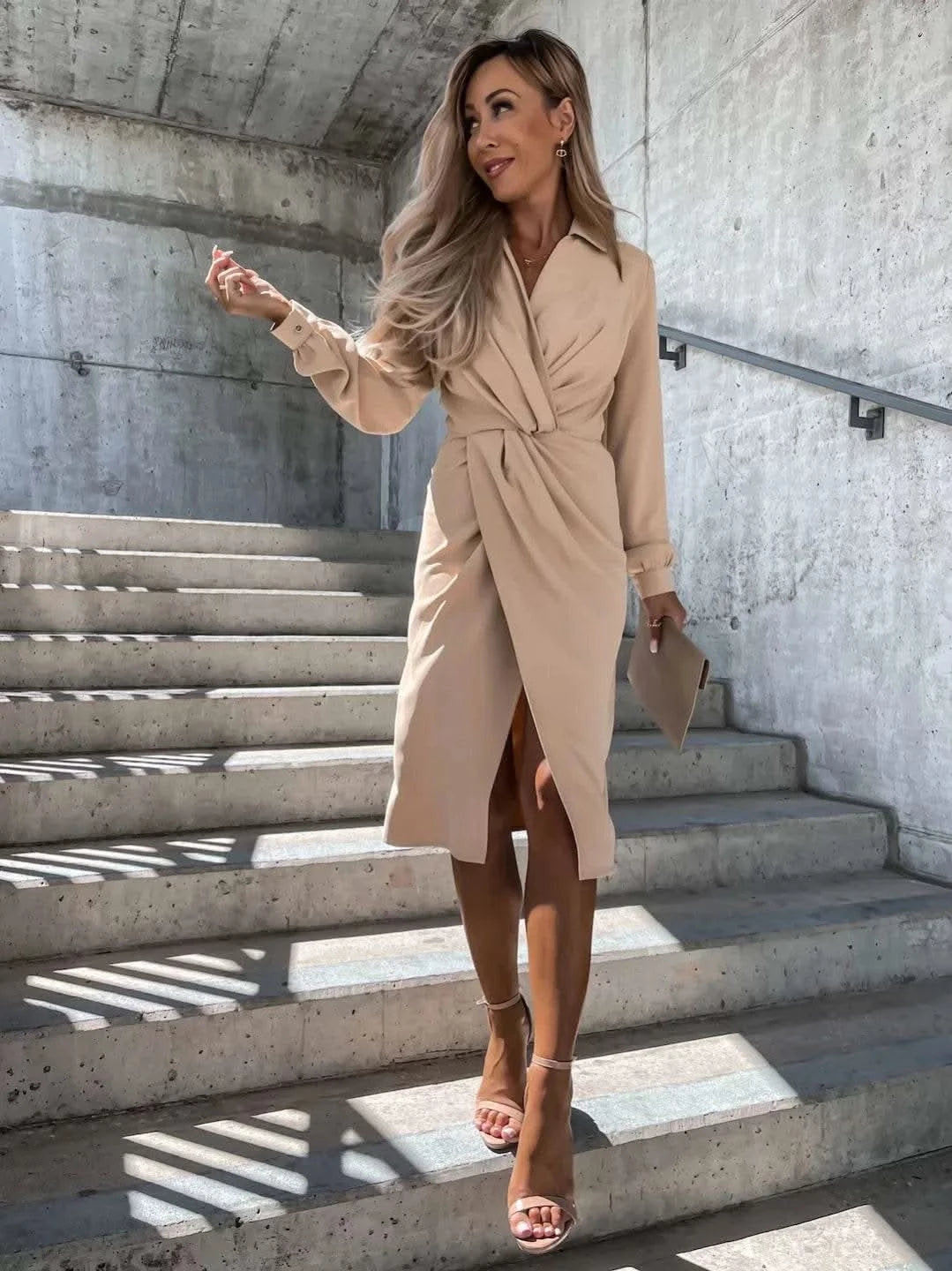 Dresses For Women 2024 Party Club Slim Dress Elegant Femme Solid Turn Down Collar Dress Summer Long Sleeve Office Dress Vestidos - M & M Global