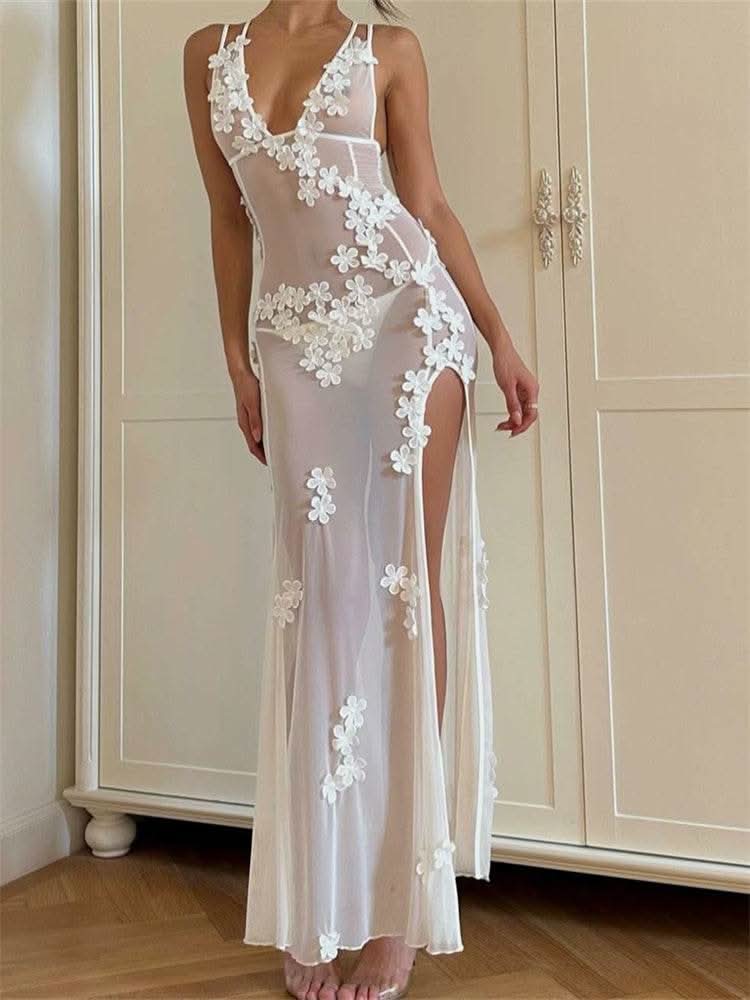 CHRONSTYLE Flowers Long Dress for Women Sexy Sleeveless Strap Dress High Split Backless Mesh See Through Vestidos Party Clubwear - M & M Global