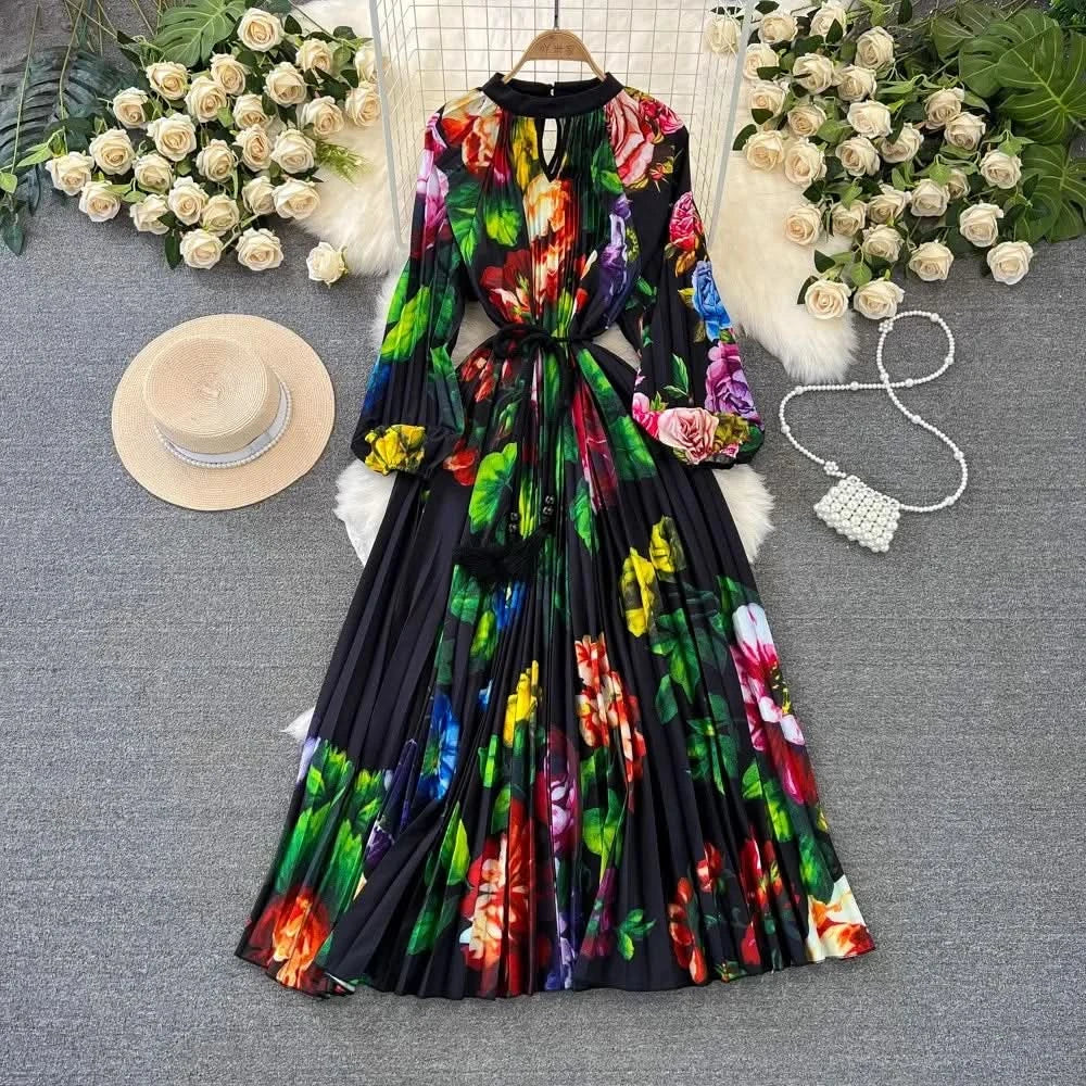 Spring Holiday Print Long Dress For Women Fashion Loose Lantern Sleeve Party Robe Female Big Swing Tassels Belt Pleated Clothes - M & M Global