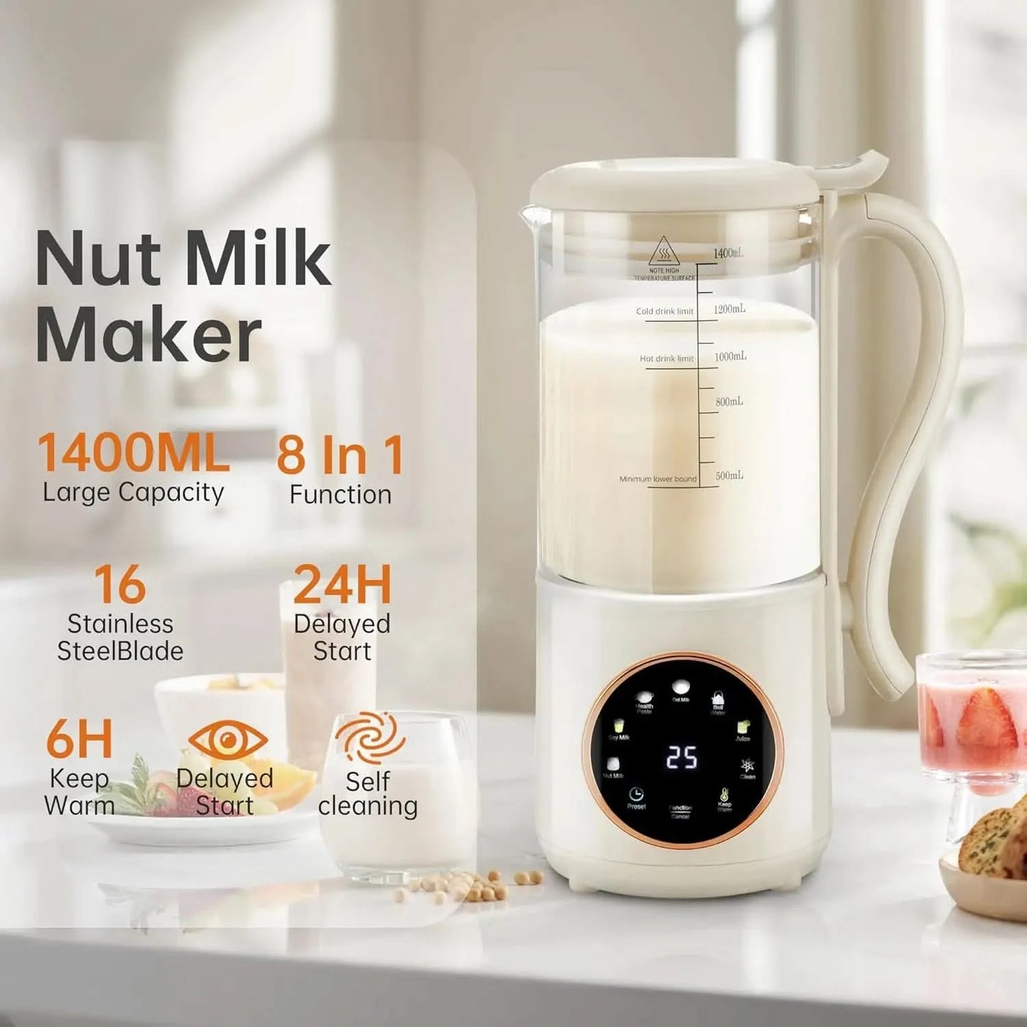 47 oz Nut Milk Maker Machine with 16 Blades, Automatic Homemade Almond, Oat, Soy, Plant-Based Milk and Dairy Free Beverages, Alm - M & M Global