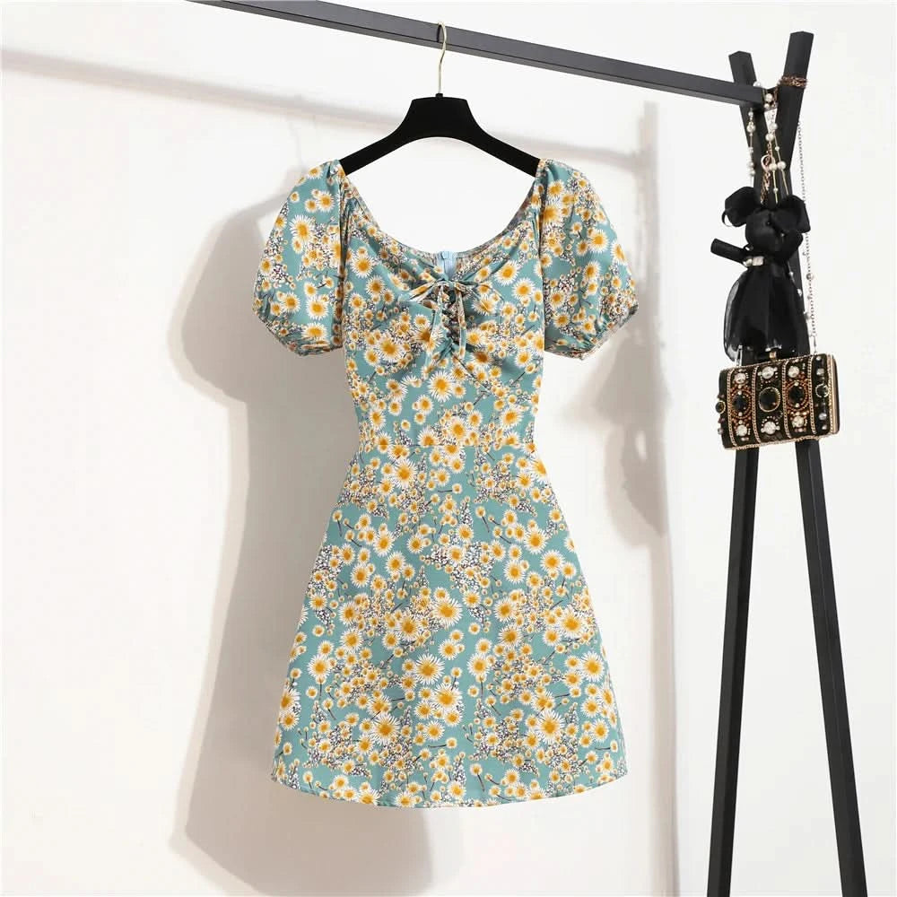 Women Mini Dresses Summer Fashion Female Vestidos Print Floral Chiffon Dresses Shirring Pleated Short Puffy Sleeve Casual Dress - M & M Global