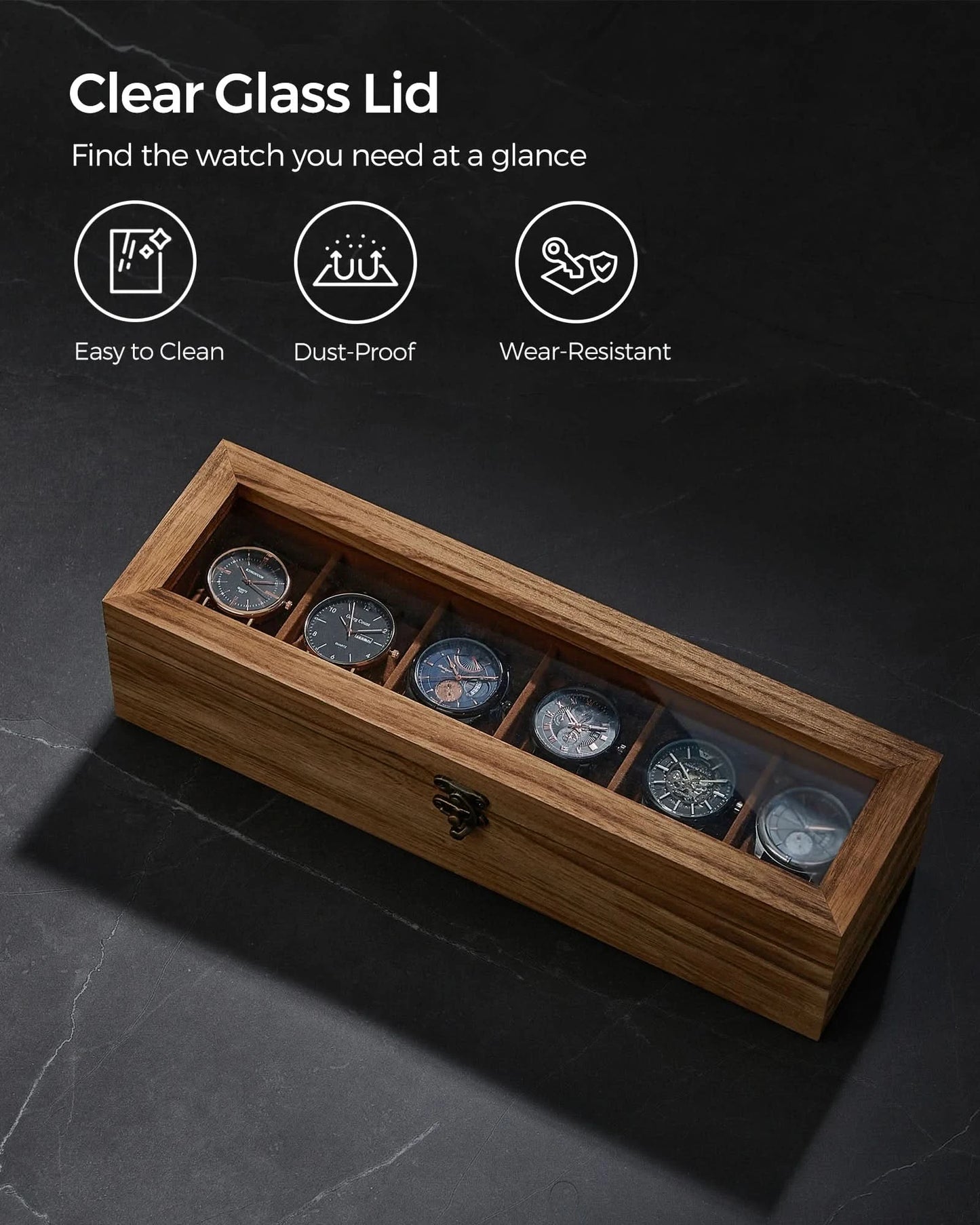 SONGMICS Watch Box, 6-Slot Watch Case, Solid Wood Watch Box Organizer with Glass Lid, Watch Display Case with Removable Pillows - M & M Global