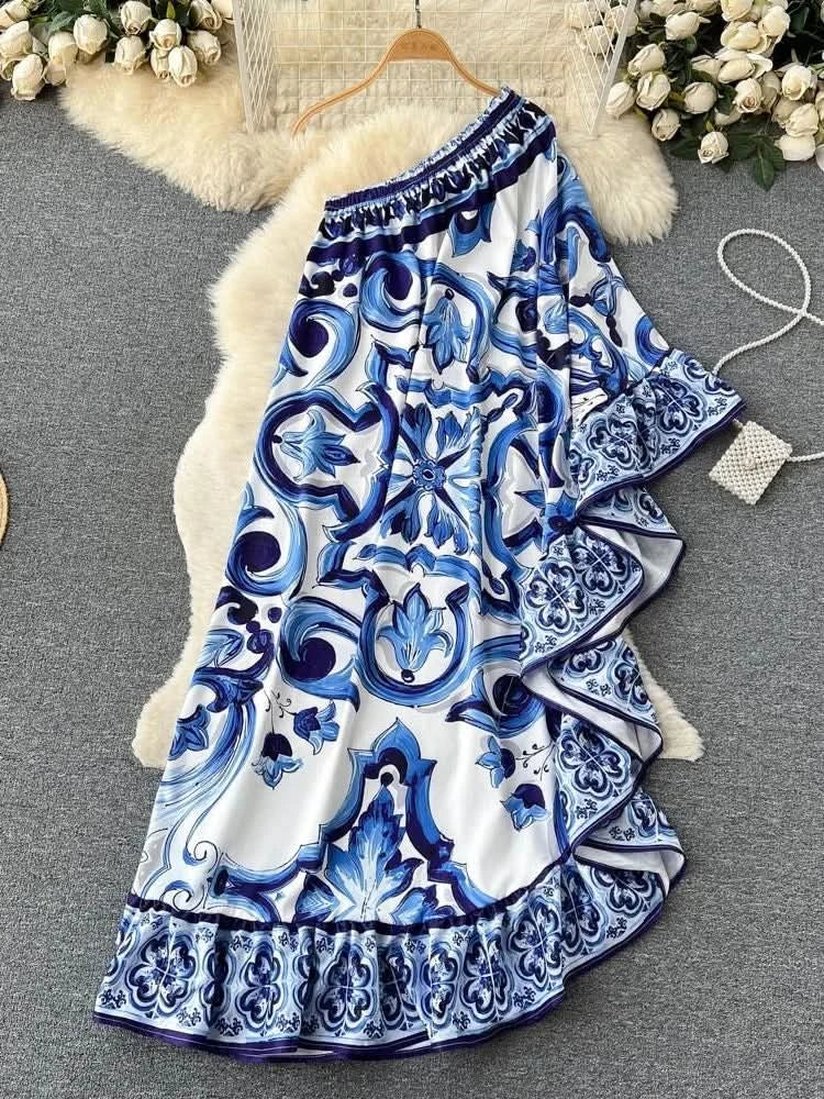 Summer Long Dress Women Runway Blue And White Porcelain Asymmetry Sexy Off The Shoulder Ruffles Hem Loose Robe Maxi Vestidos - M & M Global